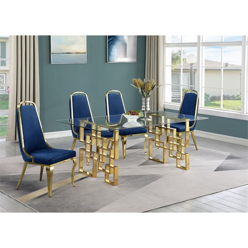 Best Quality Furniture 5pc Tempered Glass Dining Set w Navy Blue Velvet Chairs
