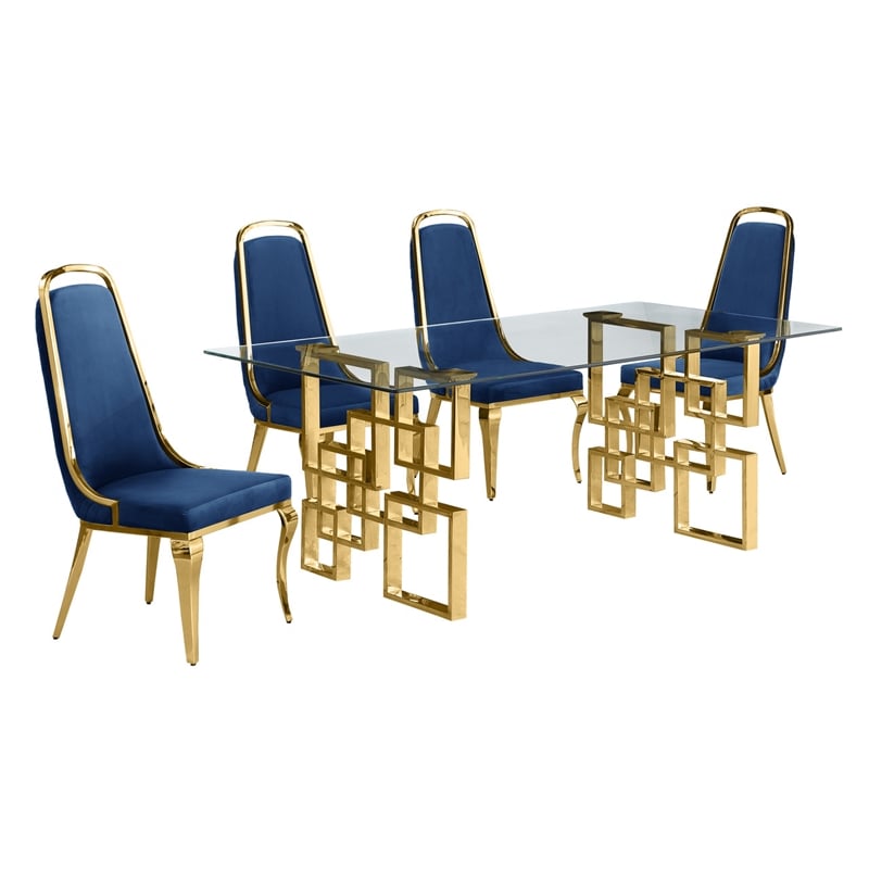 Best Quality Furniture 5pc Tempered Glass Dining Set w Navy Blue Velvet Chairs