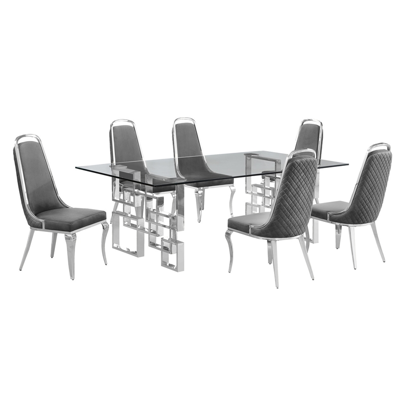 Best Quality Furniture 7pc Tempered Glass Dining Set w Dark Gray Velvet Chairs
