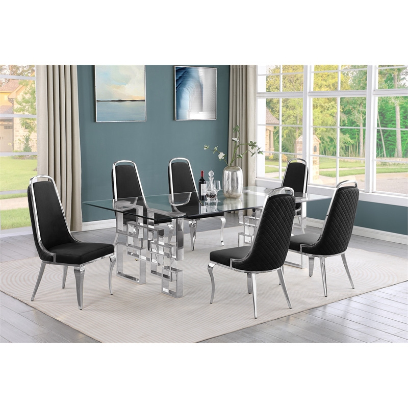 Best Quality Furniture 7pc Tempered Glass Dining Set w Black Velvet Chairs