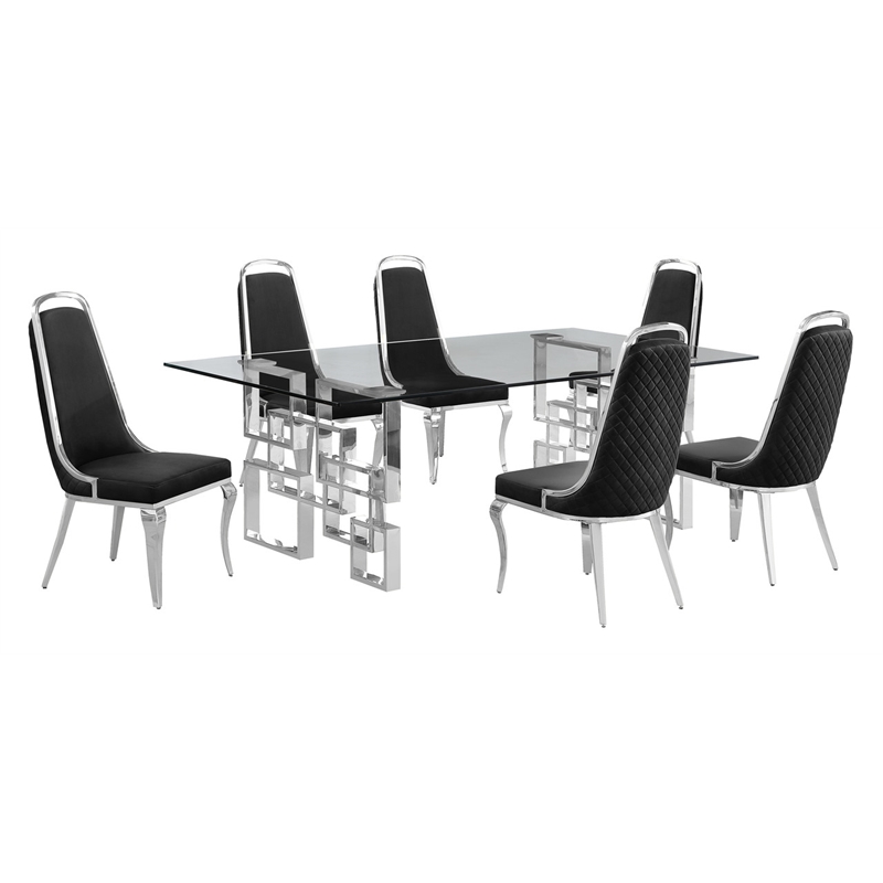 Best Quality Furniture 7pc Tempered Glass Dining Set w Black Velvet Chairs