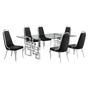 Best Quality Furniture 7pc Tempered Glass Dining Set w Black Velvet Chairs