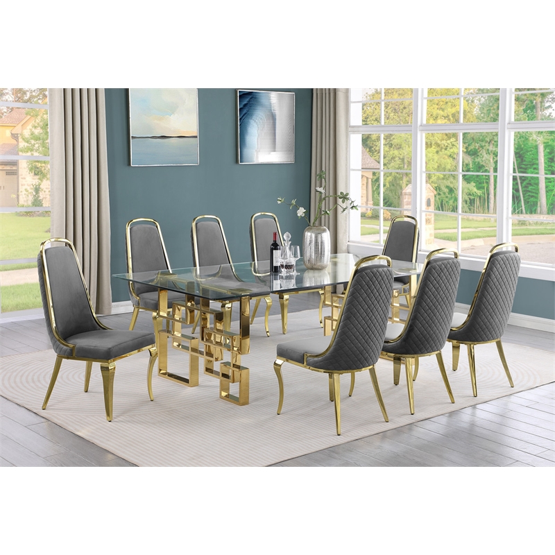 Best Quality Furniture 9pc Tempered Glass Dining Set w Dark Gray Velvet Chairs