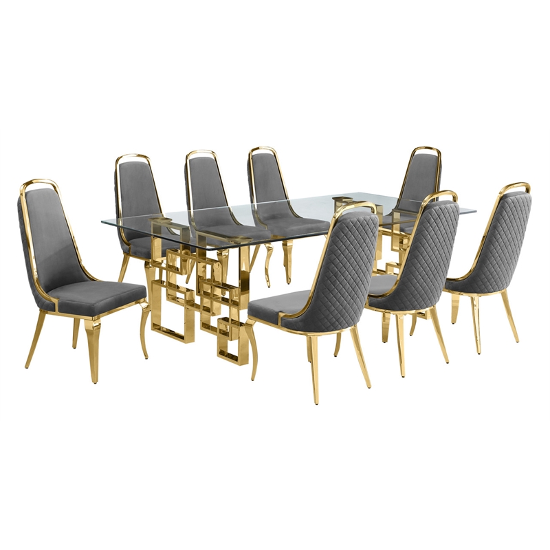 Best Quality Furniture 9pc Tempered Glass Dining Set w Dark Gray Velvet Chairs