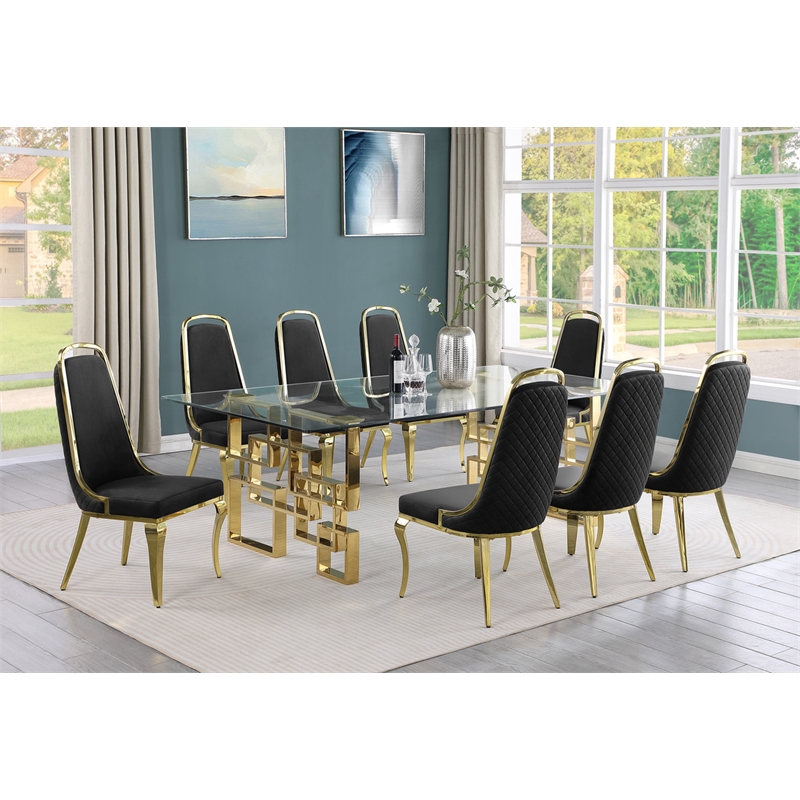 Best Quality Furniture 9pc Tempered Glass Dining Set w Black Velvet Chairs
