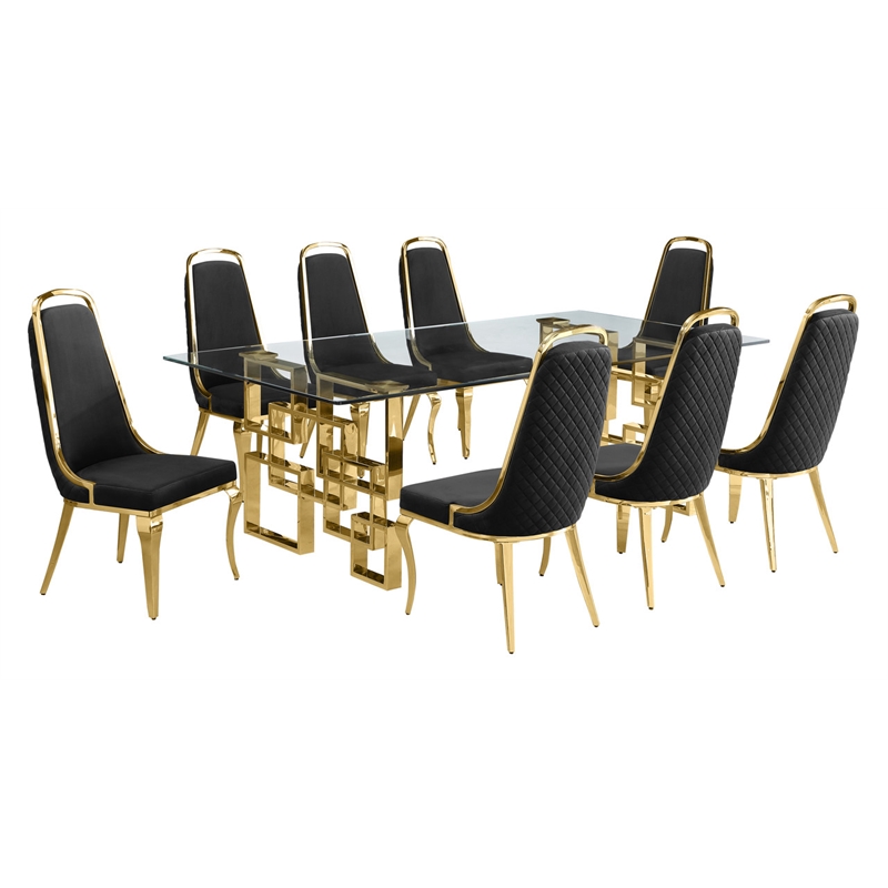 Best Quality Furniture 9pc Tempered Glass Dining Set w Black Velvet Chairs