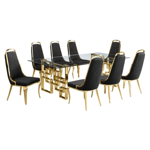 Best Quality Furniture 9pc Tempered Glass Dining Set w Black Velvet Chairs