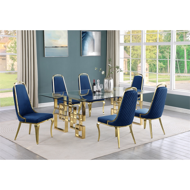 Best Quality Furniture 7pc Tempered Glass Dining Set w Navy Blue Velvet Chairs