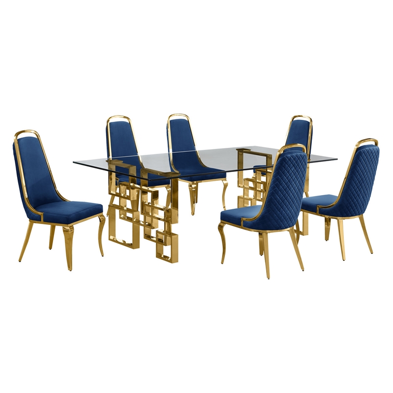Best Quality Furniture 7pc Tempered Glass Dining Set w Navy Blue Velvet Chairs
