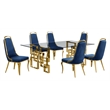 Best Quality Furniture 7pc Tempered Glass Dining Set w Navy Blue Velvet Chairs