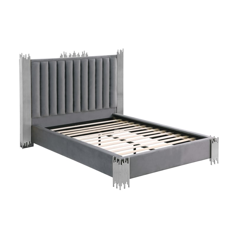 Best Quality Furniture Dark Gray Velvet Platform Bed in King Size