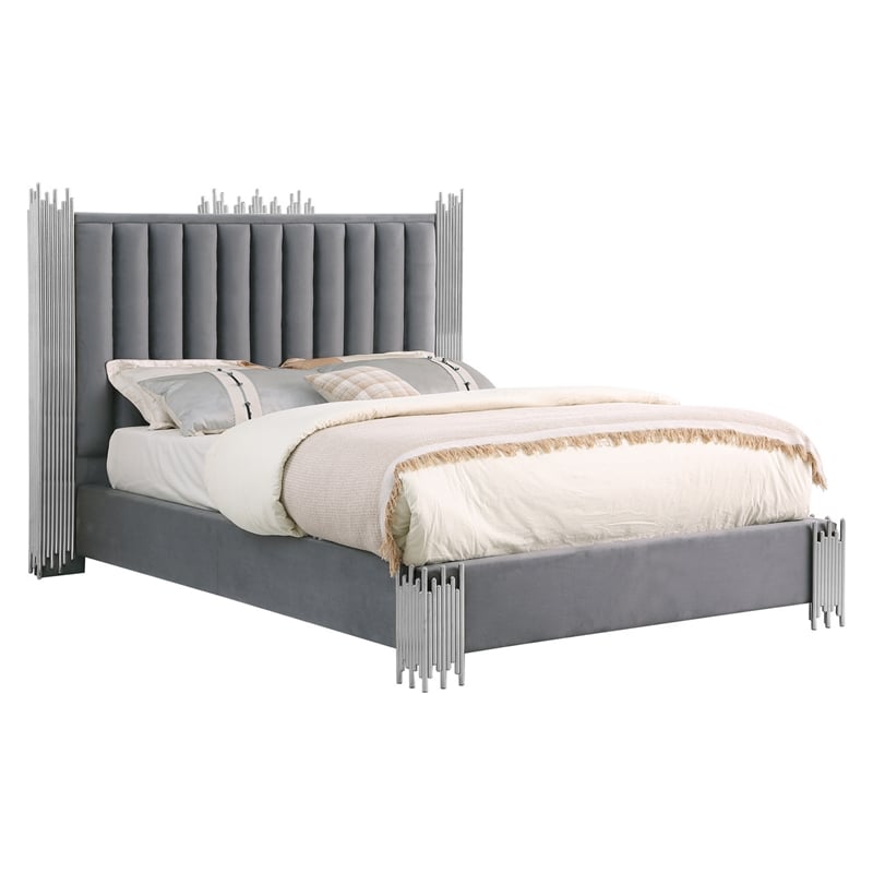 Best Quality Furniture Dark Gray Velvet Platform Bed in King Size