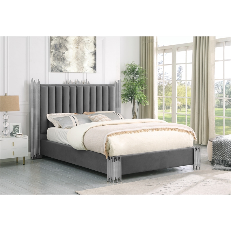 Best Quality Furniture Dark Gray Velvet Platform Bed in Queen Size