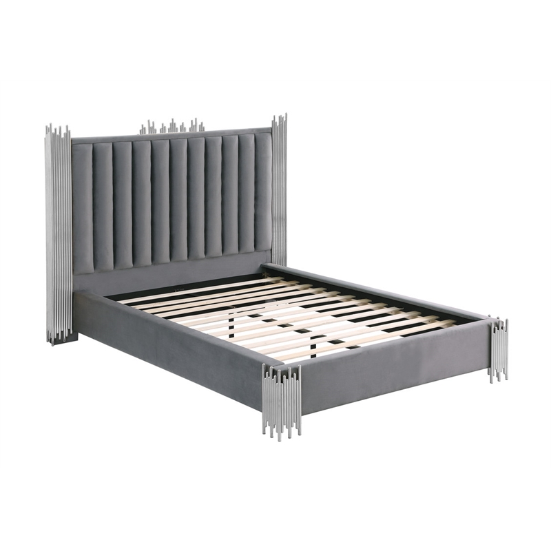 Best Quality Furniture Dark Gray Velvet Platform Bed in Queen Size
