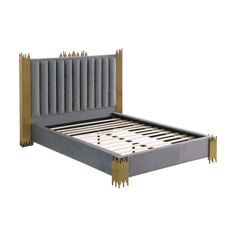 Best Quality Furniture Dark Gray Velvet Platform Bed in King Size