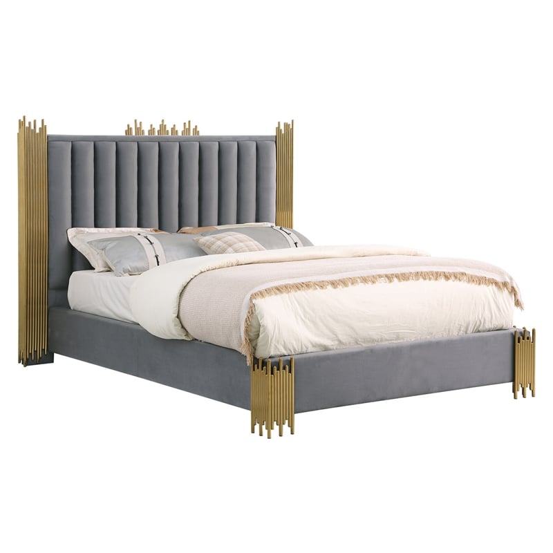 Best Quality Furniture Dark Gray Velvet Platform Bed in King Size