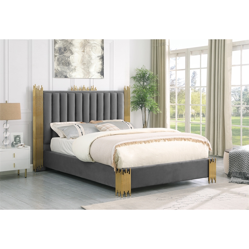 Best Quality Furniture Dark Gray Velvet Platform Bed in Queen Size