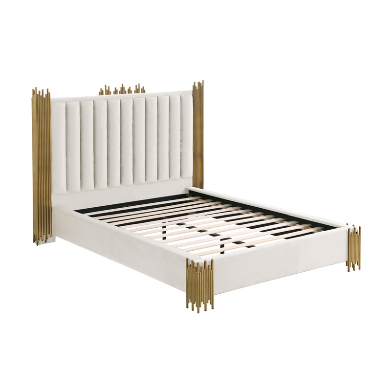 Best Quality Furniture Cream Velvet Platform Bed in Queen Size