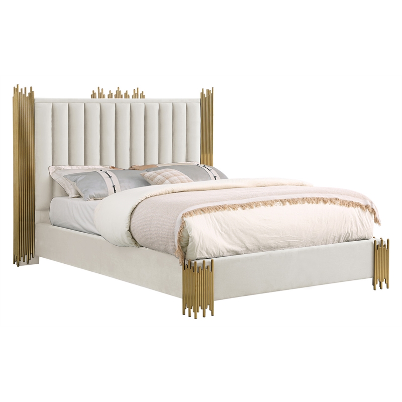 Best Quality Furniture Cream Velvet Platform Bed in Queen Size