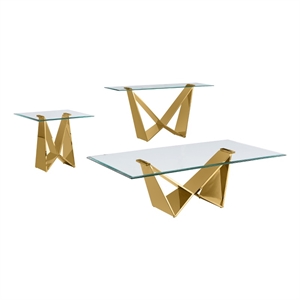 best quality furniture 3-piece glass & steel coffee table in clear and gold