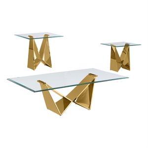 best quality furniture 3-piece glass & steel coffee table in clear and gold