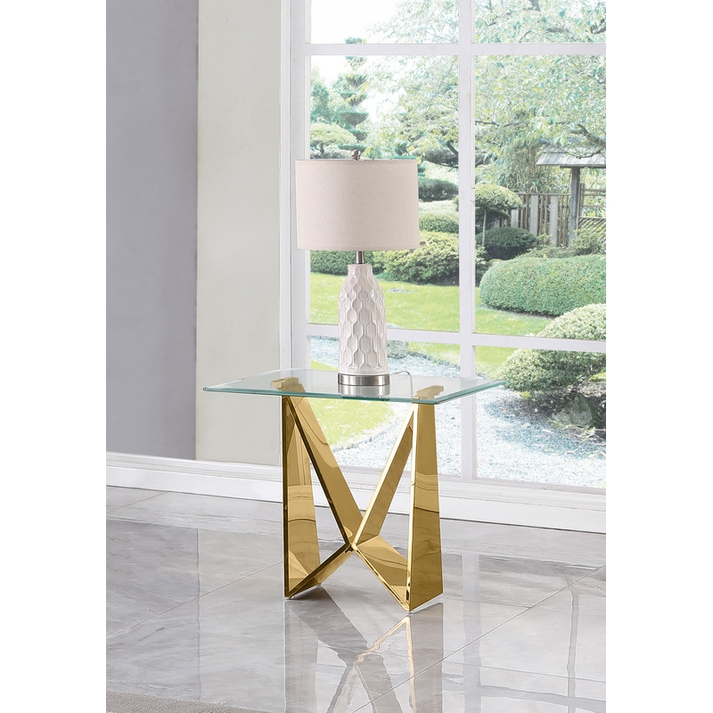Best Quality Furniture Tempered Glass & Stainless Steel End Table in Clear/Gold