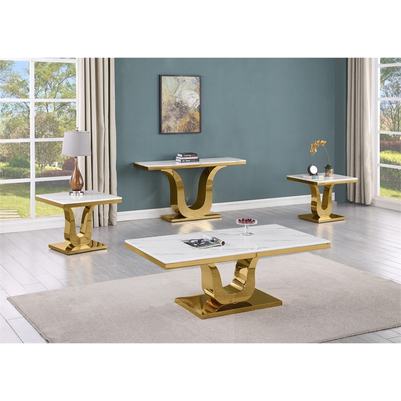 Best Quality Furniture 4-Piece Marble Coffee Table Set in White/Gold