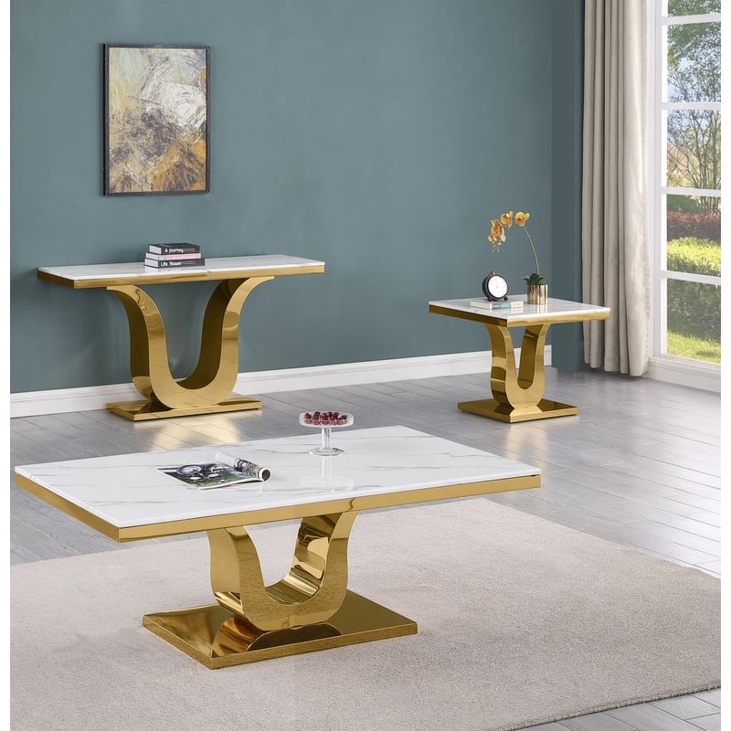 Best Quality Furniture 3-Piece Marble & Stainless Steel Coffee Set in White/Gold