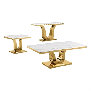 best quality furniture 3-piece marble & stainless steel coffee set in white/gold