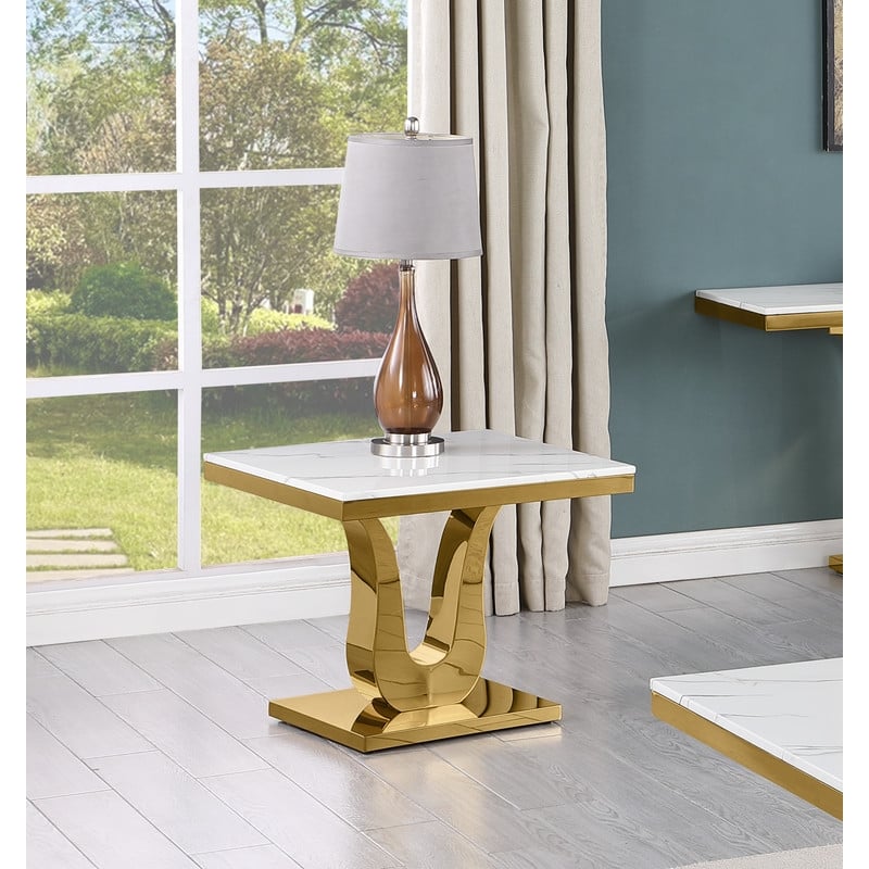 Best Quality Furniture Marble & Stainless Steel Sofa End Table in White/Gold
