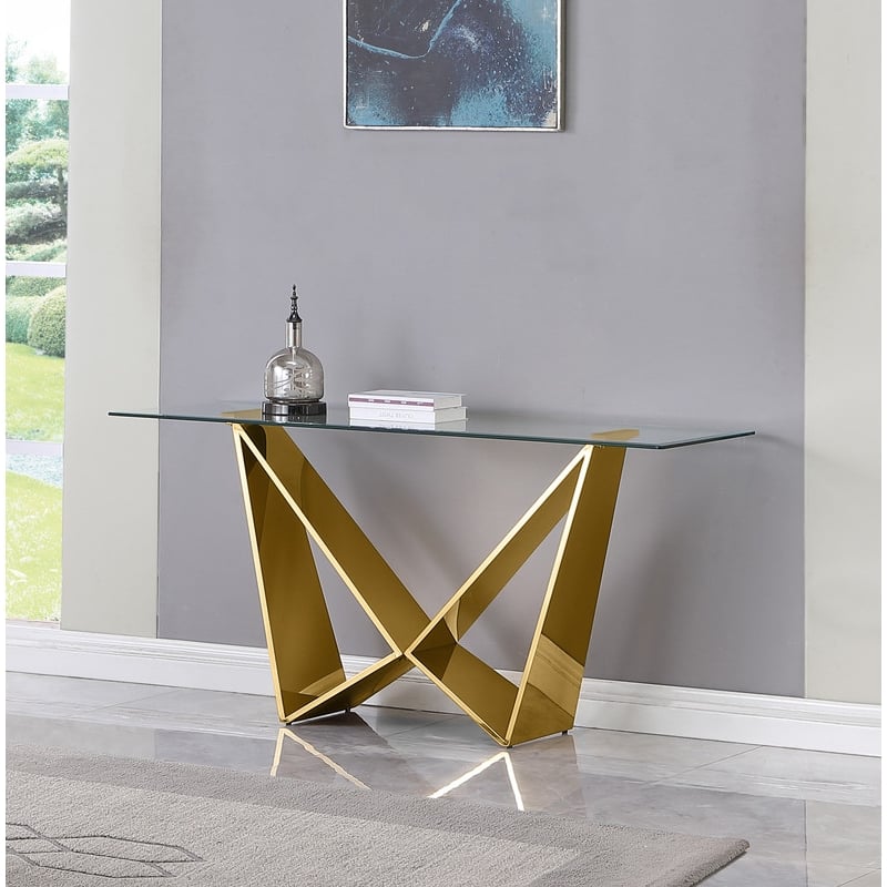 Best Quality Furniture 10mm Clear Tempered Glass Console Table w Gold Steel