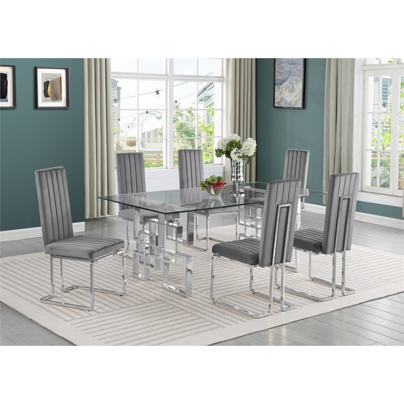 Best Quality Furniture 7-Piece Velvet & Tempered Glass Dining Set in Dark Gray
