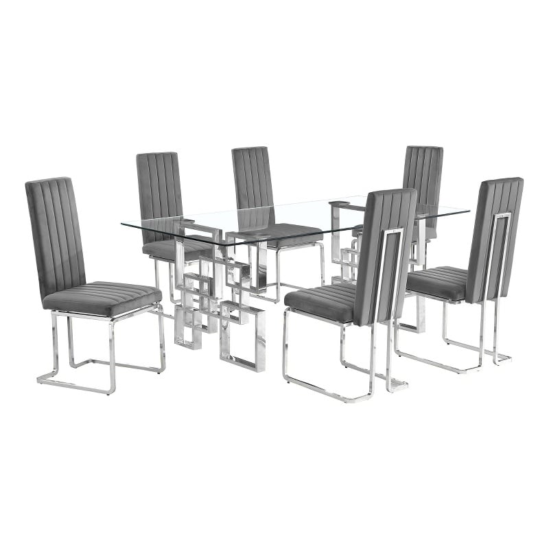 Best Quality Furniture 7-Piece Velvet & Tempered Glass Dining Set in Dark Gray