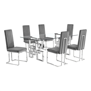 Best Quality Furniture 7-Piece Velvet & Tempered Glass Dining Set in Dark Gray