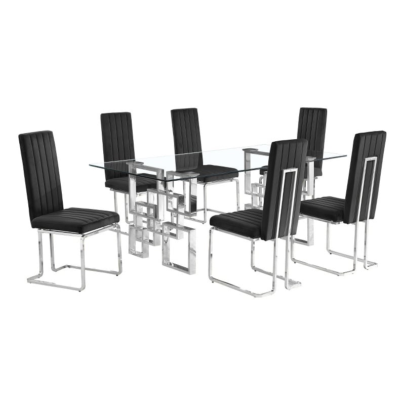 Best Quality Furniture 7-Piece Velvet & Tempered Glass Dining Set in Black