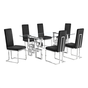 Best Quality Furniture 7-Piece Velvet & Tempered Glass Dining Set in Black