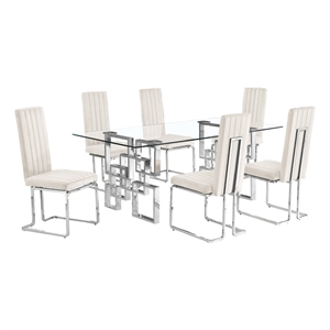 Best Quality Furniture 7-Piece Velvet & Tempered Glass Dining Set in Cream