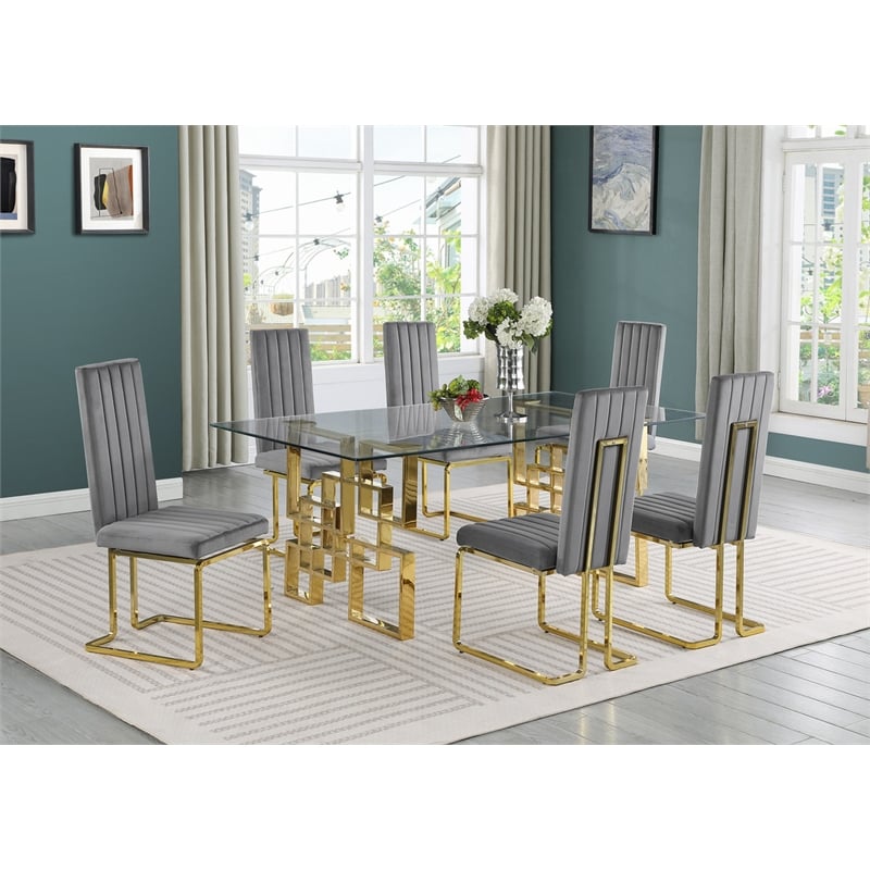 Best Quality Furniture 7-Piece Velvet & Glass Dining Set in Dark Gray and Clear
