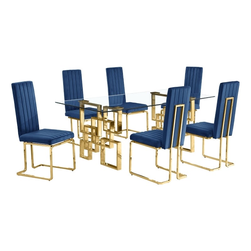 Best Quality Furniture 7-Piece Velvet & Glass Dining Set in Navy Blue and Clear