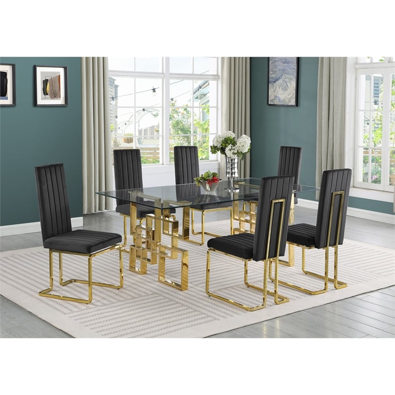 Best Quality Furniture 7-Piece Velvet & Glass Dining Set in Black and Clear