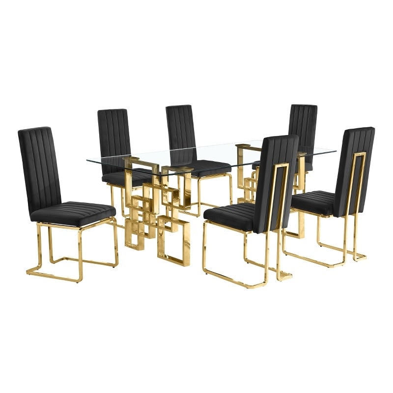 Best Quality Furniture 7-Piece Velvet & Glass Dining Set in Black and Clear