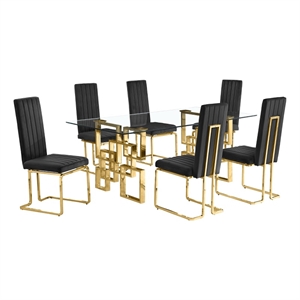 Best Quality Furniture 7-Piece Velvet & Glass Dining Set in Black and Clear