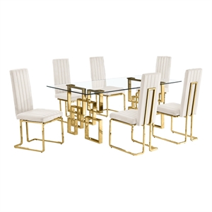Best Quality Furniture 7-Piece Velvet & Glass Dining Set in Cream and Clear