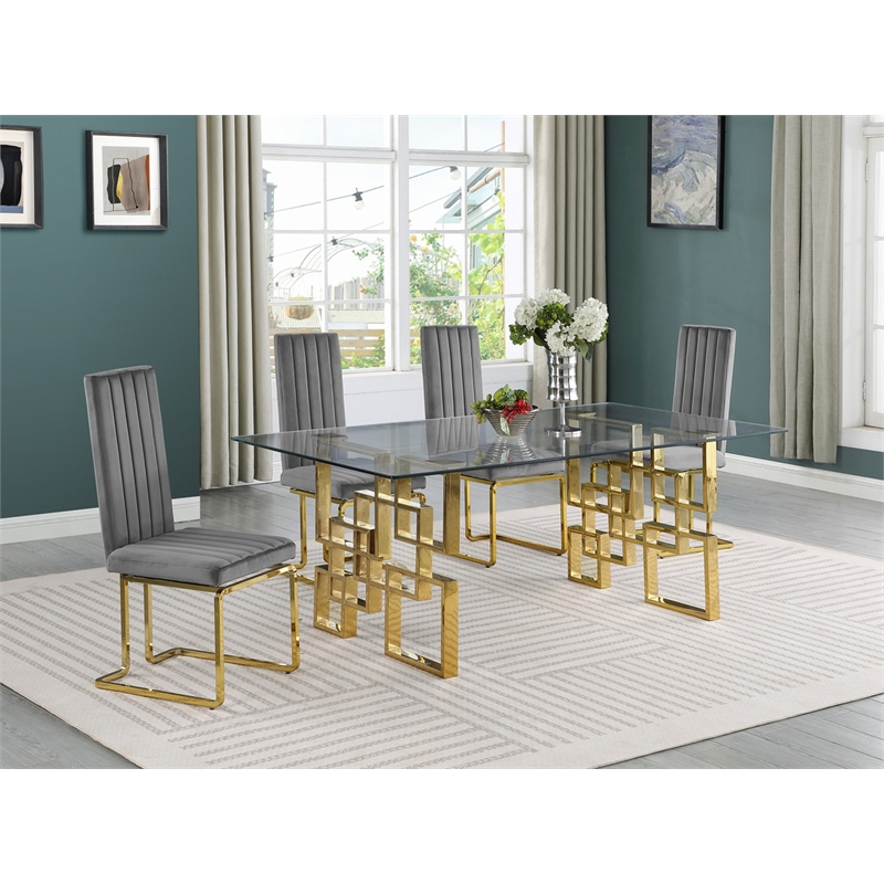 Best Quality Furniture 5-Piece Velvet & Glass Dining Set in Dark Gray and Clear