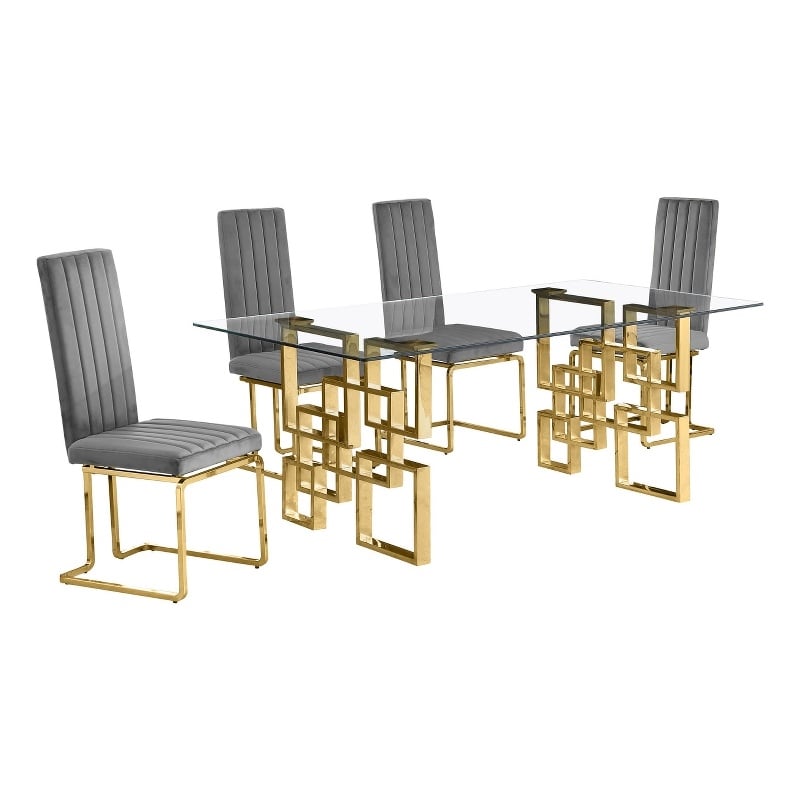 Best Quality Furniture 5-Piece Velvet & Glass Dining Set in Dark Gray and Clear