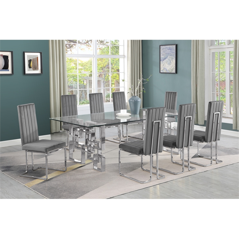 Best Quality Furniture 9-Piece Velvet & Tempered Glass Dining Set in Dark Gray