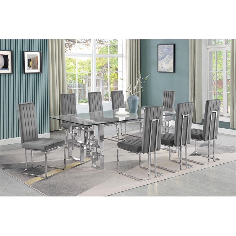 Best Quality Furniture 9-Piece Velvet & Tempered Glass Dining Set in Navy Blue