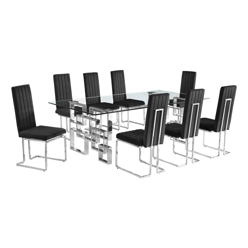 Best Quality Furniture 9-Piece Velvet & Tempered Glass Dining Set in Black