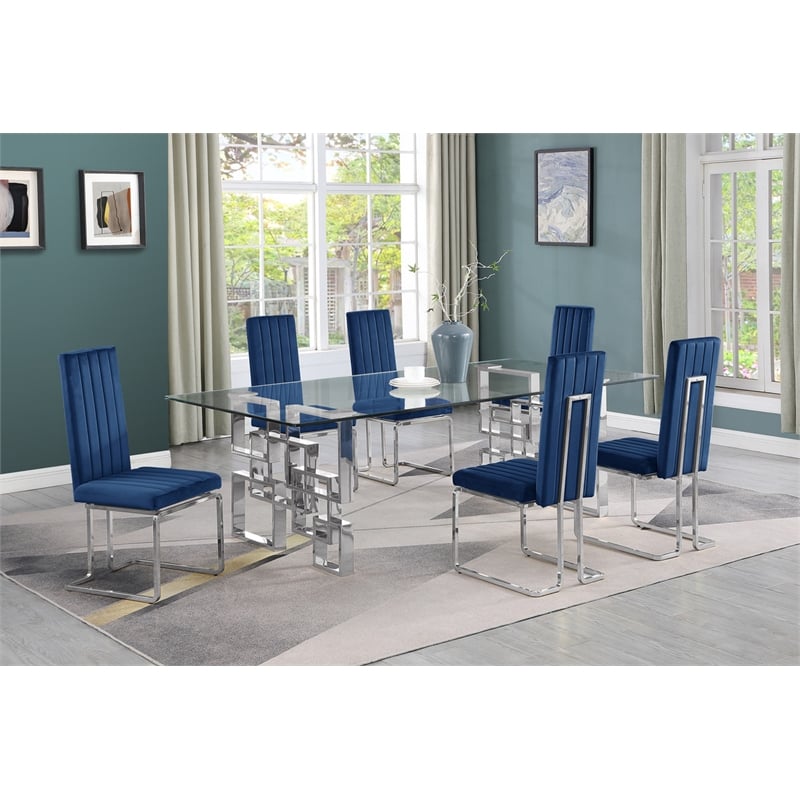Best Quality Furniture 7-Piece Upholstered Velvet Dining Set in Navy Blue
