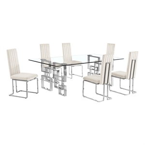 Best Quality Furniture 7-Piece Upholstered Velvet Dining Set in Cream